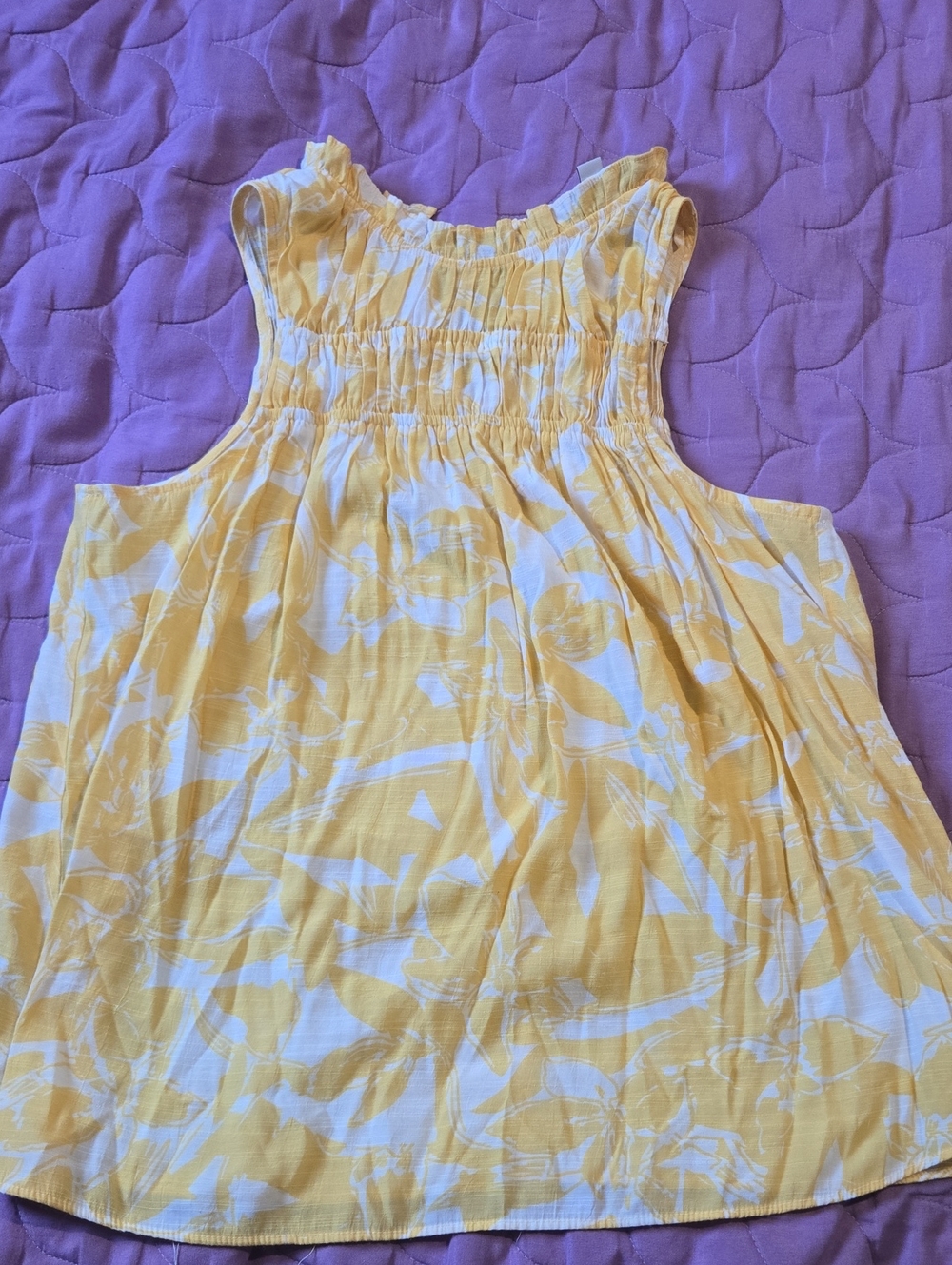 Nine West Yellow and White Floral Smocked Neck Muscle Tee